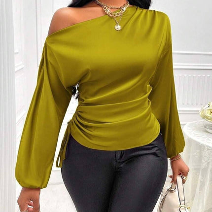 Women's Satin Shirt Asymmetric Long Sleeve Diagonal Collar Shirt Top - Royalessencelux