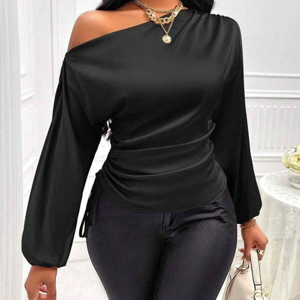 Women's Satin Shirt Asymmetric Long Sleeve Diagonal Collar Shirt Top - Royalessencelux