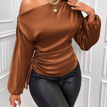 Women's Satin Shirt Asymmetric Long Sleeve Diagonal Collar Shirt Top - Royalessencelux