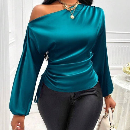 Women's Satin Shirt Asymmetric Long Sleeve Diagonal Collar Shirt Top - Royalessencelux
