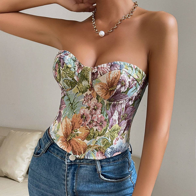 Y2K Floral Print Tube Vest Top With Back-tied Design INS Fashion Crop Corset Tank For Women Clothing - Royalessencelux
