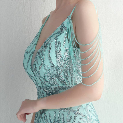 Mesh Beaded Bridal Wedding Dinner Long Camisole Evening Gown - Royalessencelux