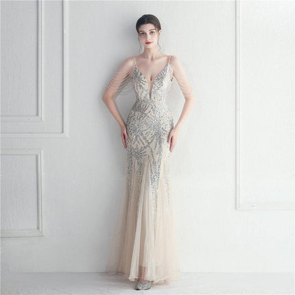Mesh Beaded Bridal Wedding Dinner Long Camisole Evening Gown - Royalessencelux