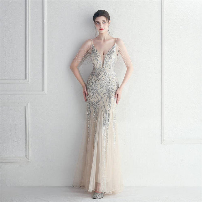 Mesh Beaded Bridal Wedding Dinner Long Camisole Evening Gown - Royalessencelux