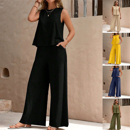 Solid Color Casual Loose Pants Sets For Women Elegant Spring Summer Women's Two Pieces Suit Full Trouser Set Female Outfit Clothes - Royalessencelux