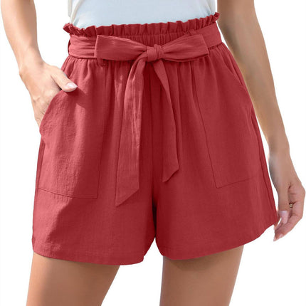 Fashion Ruffle Bow Waist Tie Shorts Summer Beach Pants With Pockets Womens Clothing - Royalessencelux