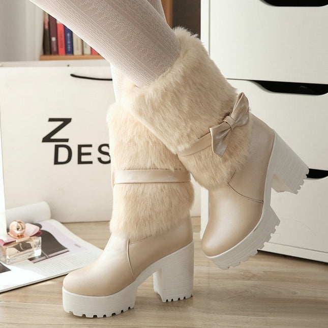 Women's Thick Heel Snow Sweet Bow Boots - Royalessencelux