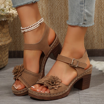 Women's Flowers Chunky Heel Sandals Summer Plus Size Platform Shoes - Royalessencelux