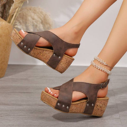Women's Rivet Wedges Snadals Thick Bottom Fish Mouth Shoes Summer - Royalessencelux