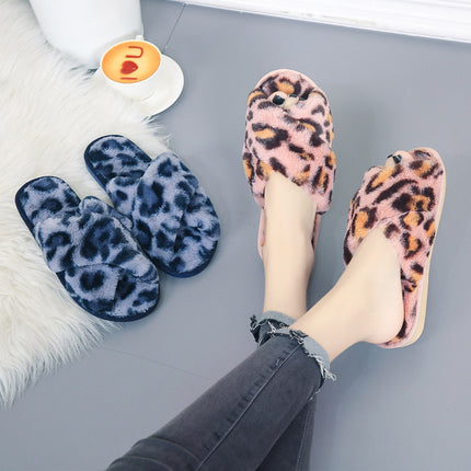 Cross-strap Fuzzy Slippers Leopard Plush House Shoes Flat Bedroom Slippers Slippers For Women - Royalessencelux