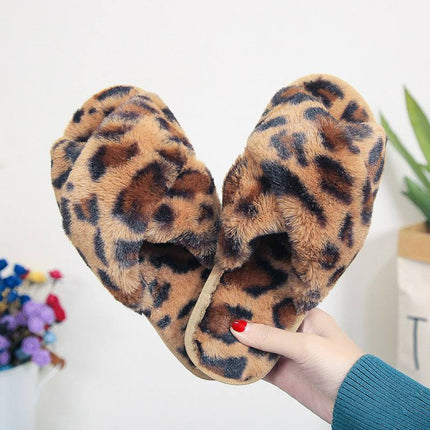 Cross-strap Fuzzy Slippers Leopard Plush House Shoes Flat Bedroom Slippers Slippers For Women - Royalessencelux