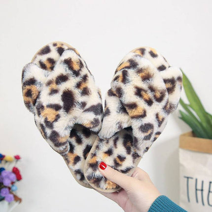 Cross-strap Fuzzy Slippers Leopard Plush House Shoes Flat Bedroom Slippers Slippers For Women - Royalessencelux
