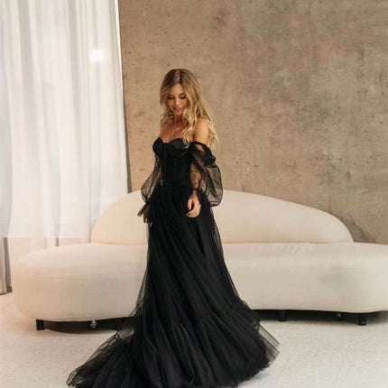 Women's Long Sleeve Transparent Lace Black Wedding Dress - Royalessencelux