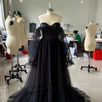 Women's Long Sleeve Transparent Lace Black Wedding Dress - Royalessencelux