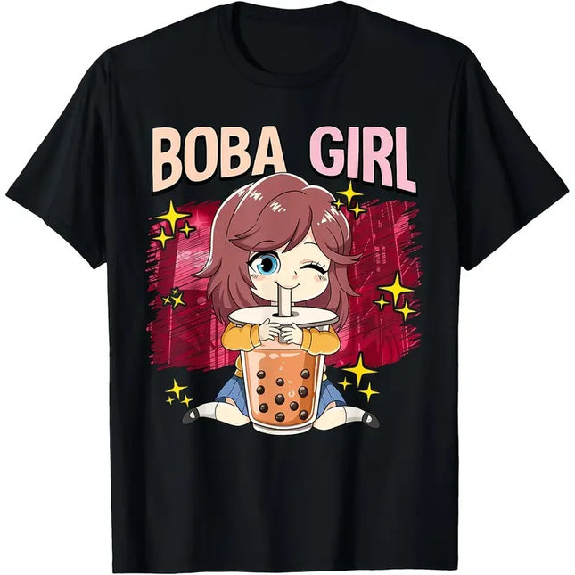 Boba Girl Anime Graphic Tee , Short Sleeve, Crew Neck T-Shirt For Women & Girls - Royalessencelux