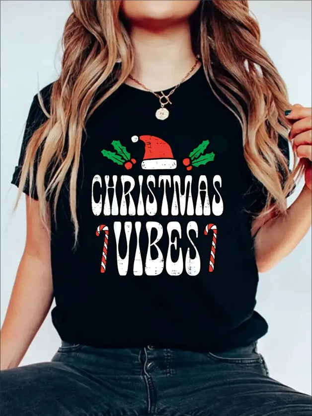 Christmas Vibes Print T-shirt, Short Sleeve Crew Neck Casual Top For Summer & Spring, Women's Clothing - Royalessencelux