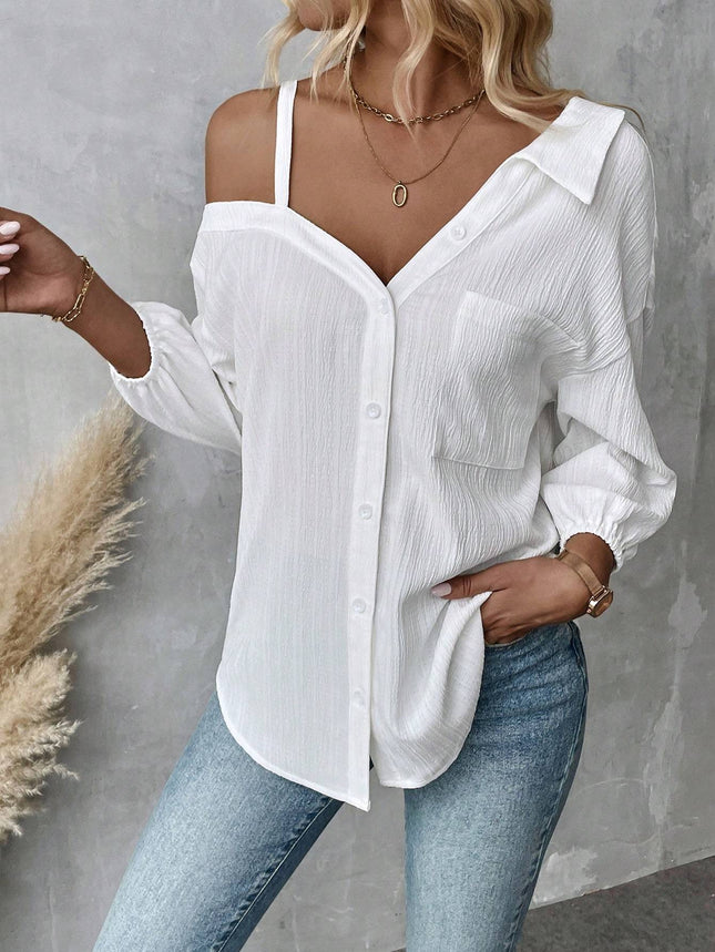 Fall Solid Color White Asymmetric Collar Dropped Shoulder Loose Casual Blouse Spring And Summer New Fashion Street Style Casual Asymmetrical Shoulder Shirt - Royalessencelux