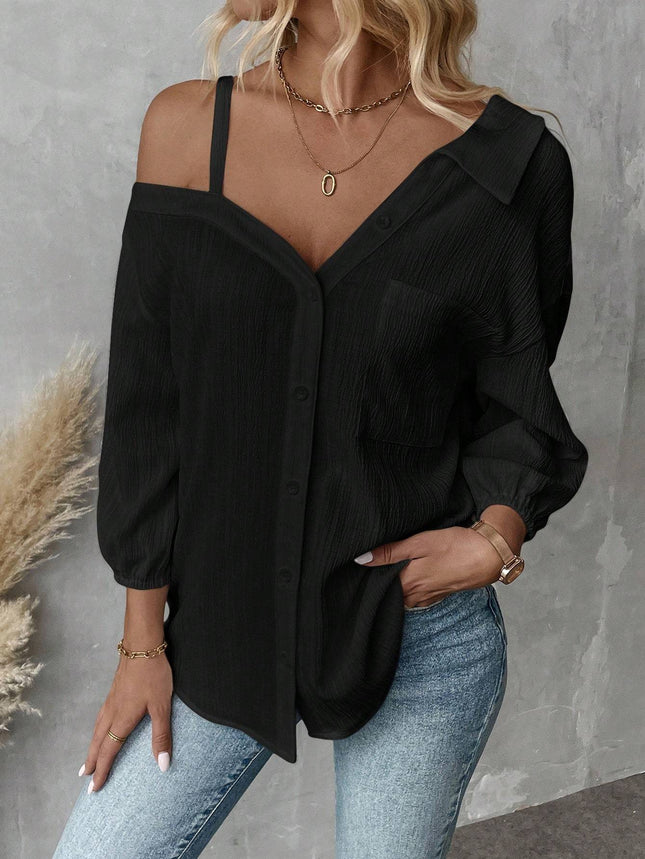 Fall Solid Color White Asymmetric Collar Dropped Shoulder Loose Casual Blouse Spring And Summer New Fashion Street Style Casual Asymmetrical Shoulder Shirt - Royalessencelux