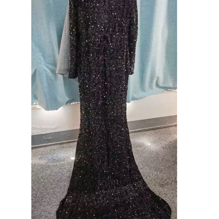 Grey Long Sleeve Sequin Evening Dress - Royalessencelux