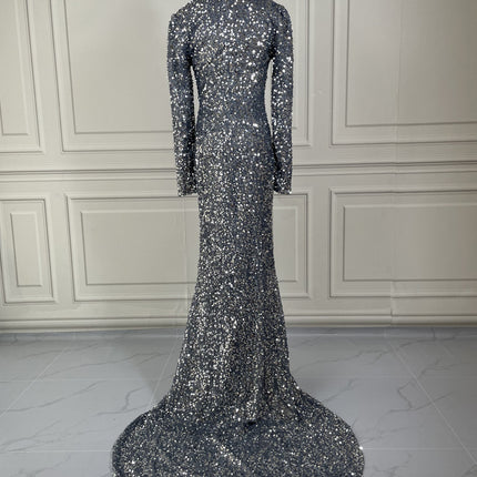 Grey Long Sleeve Sequin Evening Dress - Royalessencelux