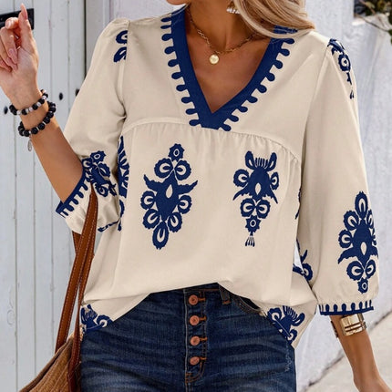 Holidaya Random Print V-Neck Casual Vacation Shirt For Women - Royalessencelux