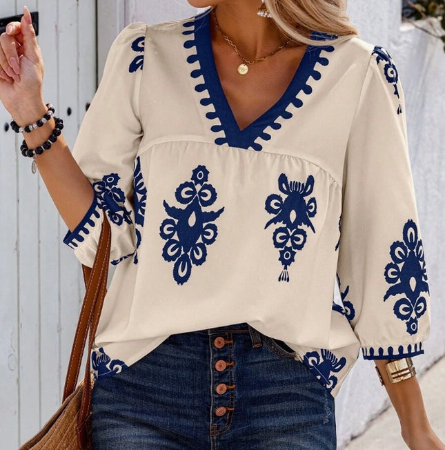 Holidaya Random Print V-Neck Casual Vacation Shirt For Women - Royalessencelux