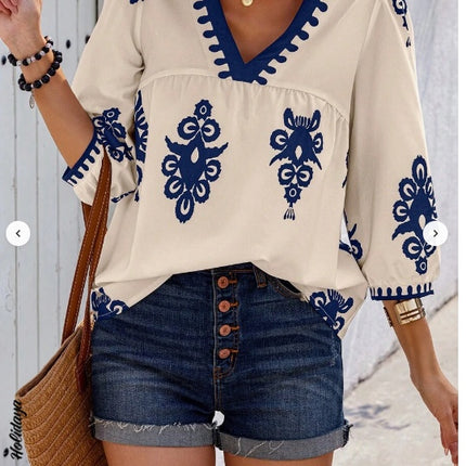 Holidaya Random Print V-Neck Casual Vacation Shirt For Women - Royalessencelux