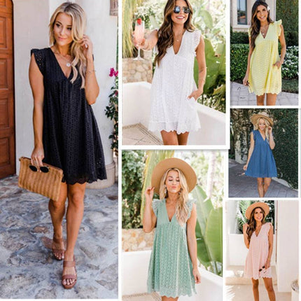 Lace Dresses With Pocket Summer Sleeveless Jacquard Cutout V-Neck Beach Dress - Royalessencelux