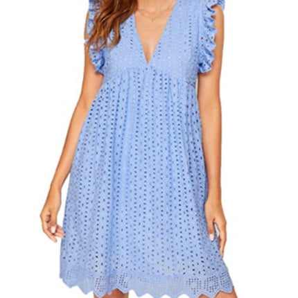 Lace Dresses With Pocket Summer Sleeveless Jacquard Cutout V-Neck Beach Dress - Royalessencelux
