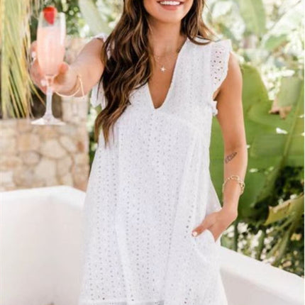 Lace Dresses With Pocket Summer Sleeveless Jacquard Cutout V-Neck Beach Dress - Royalessencelux