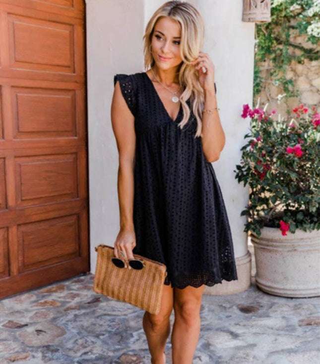 Lace Dresses With Pocket Summer Sleeveless Jacquard Cutout V-Neck Beach Dress - Royalessencelux