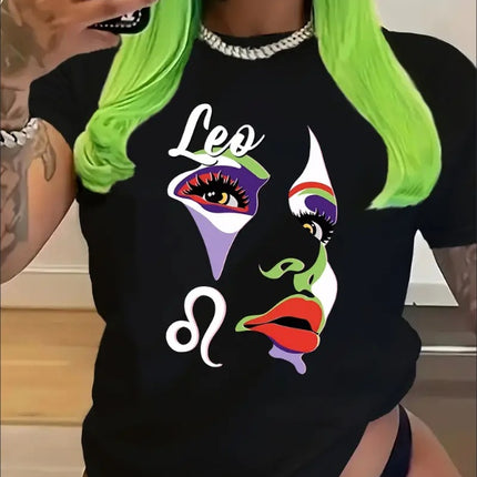 Leo Graphic Print T-shirt, Short Sleeve Crew Neck Casual Top For Summer & Spring, Women's Clothing - Royalessencelux