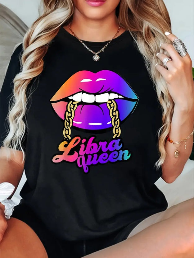 Libra Queen Print Crew Neck T-shirt, Spring Summer Casual Short-Sleeved Top, Women's Clothing - Royalessencelux