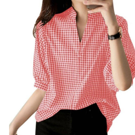 Loose Casual Half Sleeve Plaid Printed Shirt - Royalessencelux