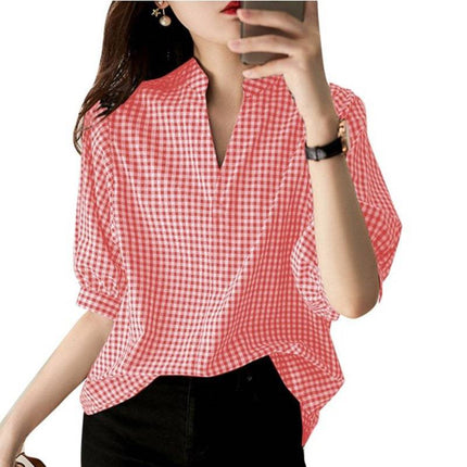 Loose Casual Half Sleeve Plaid Printed Shirt - Royalessencelux