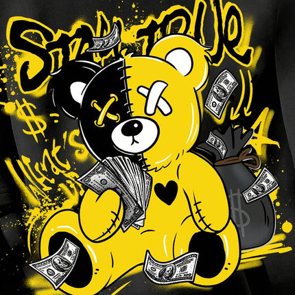 Splicing Bear And Letter Printed Casual T-shirt, Round Neck Loose Top With Dropped Shoulders, Suitable For Spring And Summer - Royalessencelux