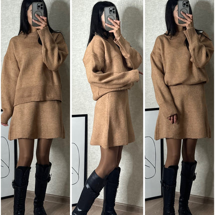 Sweater Skirt Sets For Women 2 Pieces Knit Casual Versatile Long Sleeve Pullover Elegant Solid High Waist Mini Skirt Outfit - Royalessencelux