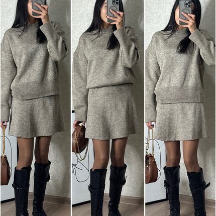 Sweater Skirt Sets For Women 2 Pieces Knit Casual Versatile Long Sleeve Pullover Elegant Solid High Waist Mini Skirt Outfit - Royalessencelux