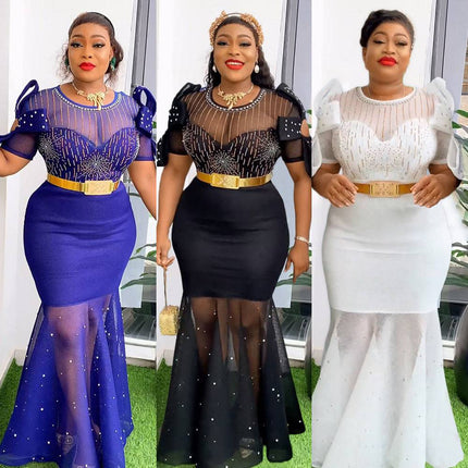 Women's Heavy Embroidered Hot Diamond Beads Night Banquet Light Luxury Evening Dress Fishtail Skirt - Royalessencelux