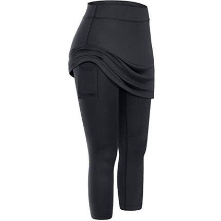 Women Tennis Skirted Leggings Pockets Elastic Sports Yoga Capris Skirts Legging - Royalessencelux