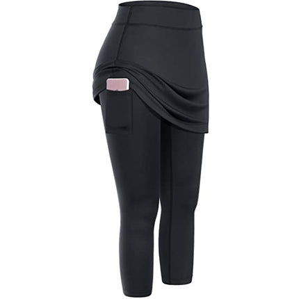 Women Tennis Skirted Leggings Pockets Elastic Sports Yoga Capris Skirts Legging - Royalessencelux