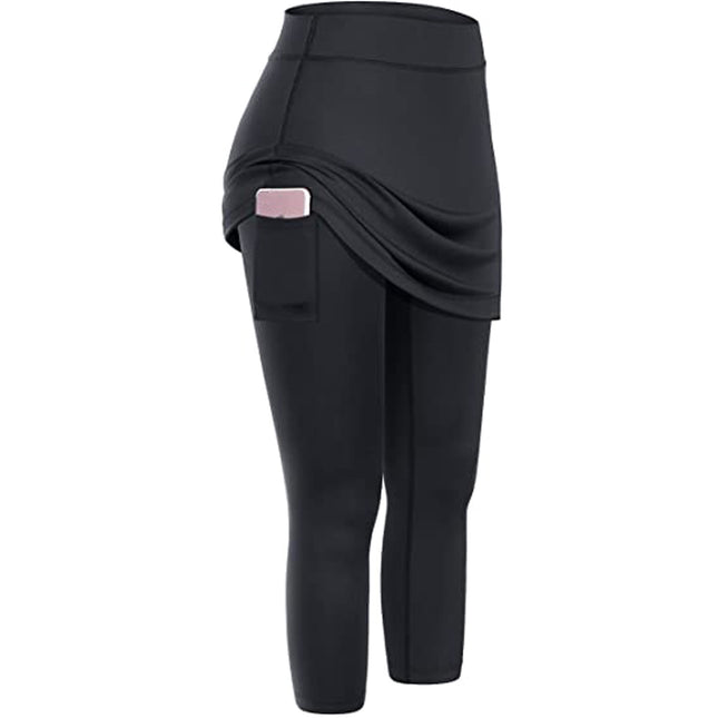 Women Tennis Skirted Leggings Pockets Elastic Sports Yoga Capris Skirts Legging - Royalessencelux
