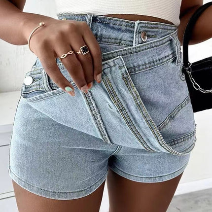 Y2K Street Vintage Denim Shorts Stretch Overlap Waist Wrap Solid Asymmetrical Hem A-Line Skinny Mini Skorts Skirt - Royalessencelux