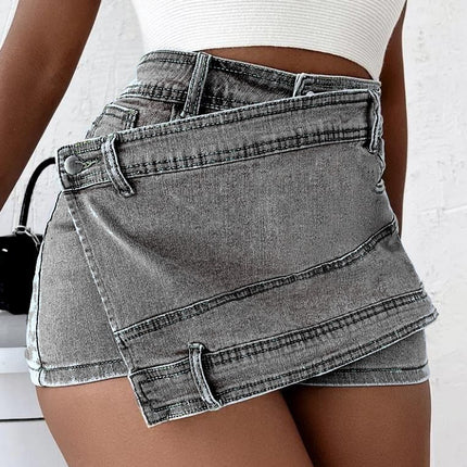 Y2K Street Vintage Denim Shorts Stretch Overlap Waist Wrap Solid Asymmetrical Hem A-Line Skinny Mini Skorts Skirt - Royalessencelux