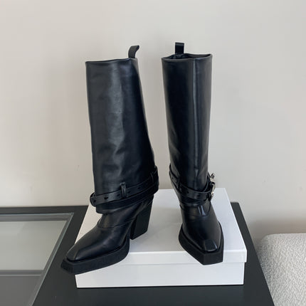 Autumn And Winter Pointed Toe Chunky Heel Knight Boots - Royalessencelux