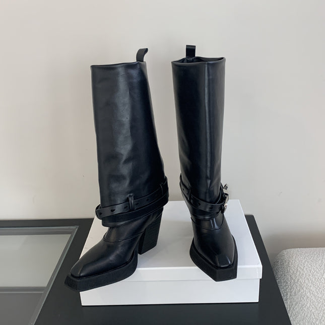 Autumn And Winter Pointed Toe Chunky Heel Knight Boots - Royalessencelux