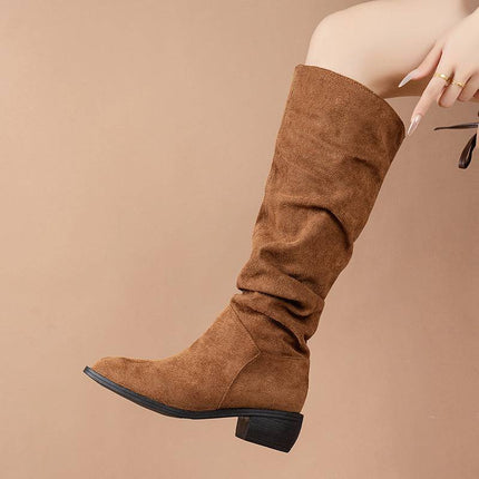 New Fashion Pointed Thick Heel Sleeve Suede High Leg Boot - Royalessencelux