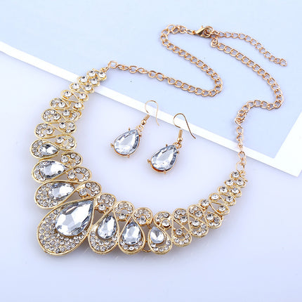 American jewelry fashion temperament Metal Necklace Earrings Set gem diamond drop bride accessories - Royalessencelux