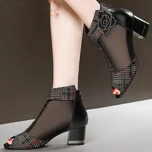 Color Block Thick Heel Sandals Mesh Fish Mouth Sandals Stiletto Boots High Heels - Royalessencelux
