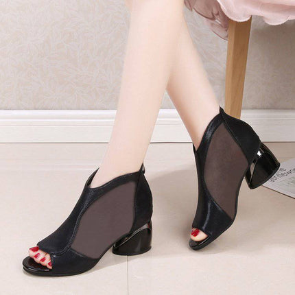 Color Block Thick Heel Sandals Mesh Fish Mouth Sandals Stiletto Boots High Heels - Royalessencelux